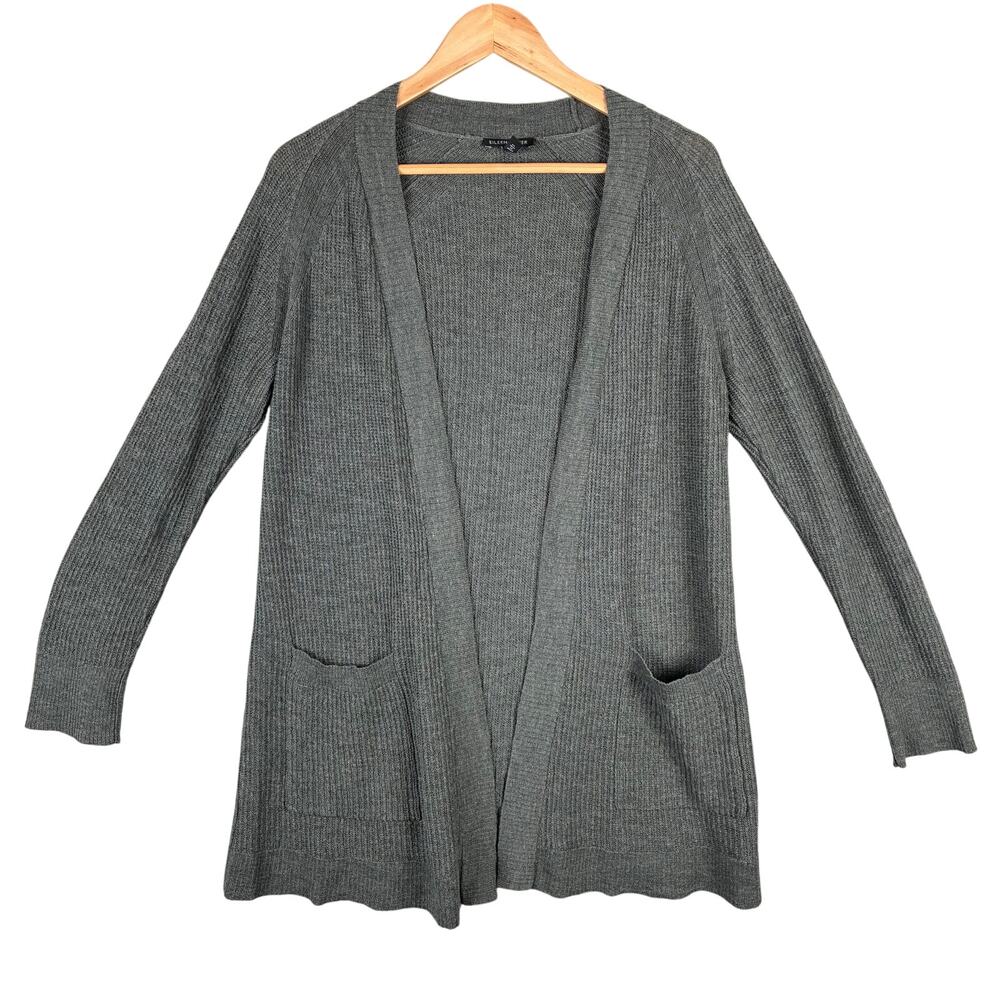 Eileen Fisher Cardigan M Gray Linen Blend Waffle Open Front Pockets Quiet Luxury
